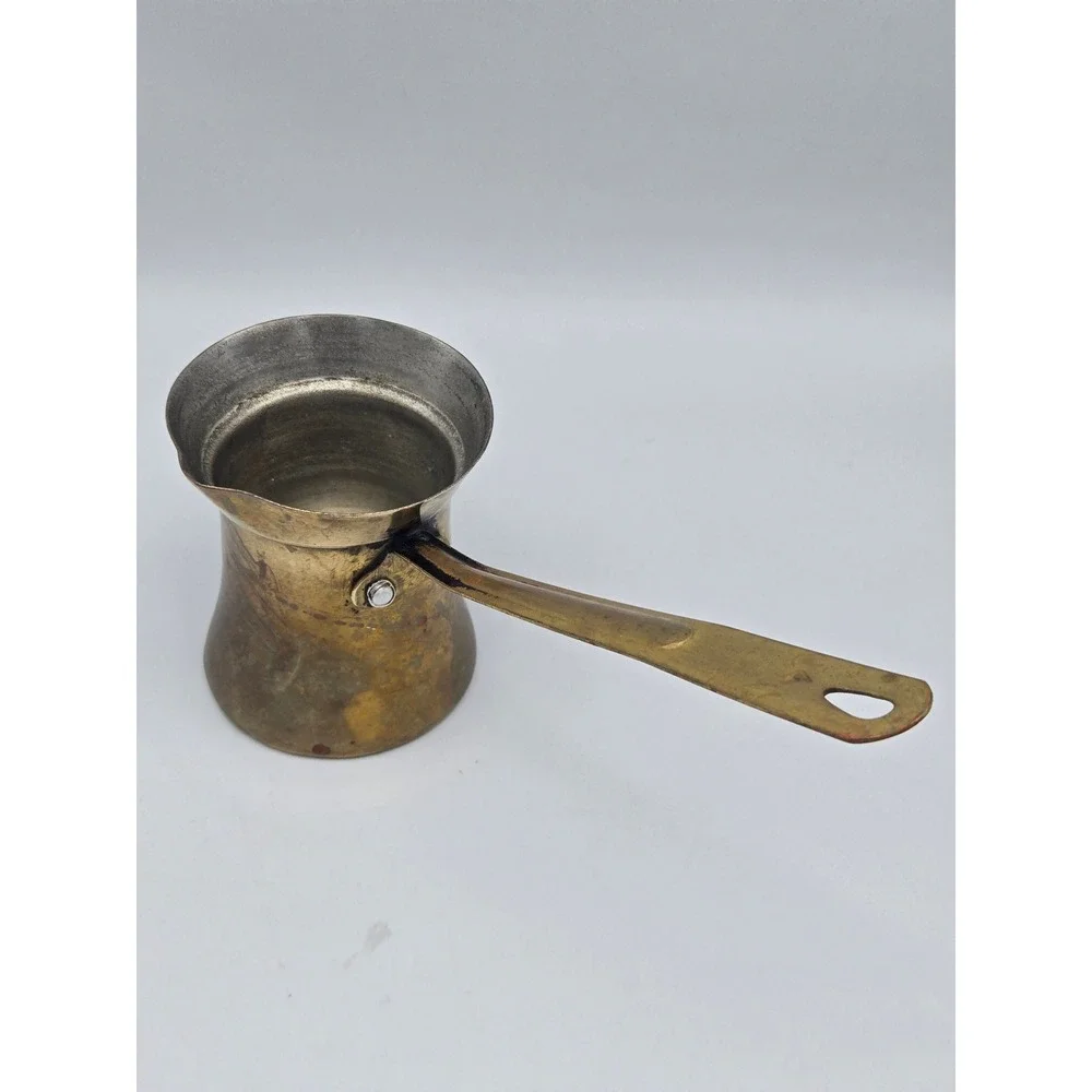 Vintage Brass Turkish Coffee Pot Ibrik Tin-Lined Brass Handle Deep Patina Rustic